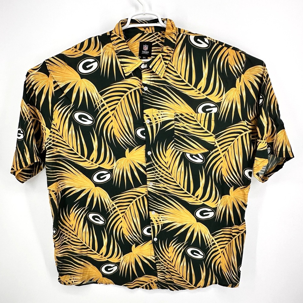 Green Bay Packers Football NFL Print Button Up Camp Shirt Mens 3XL Viscose